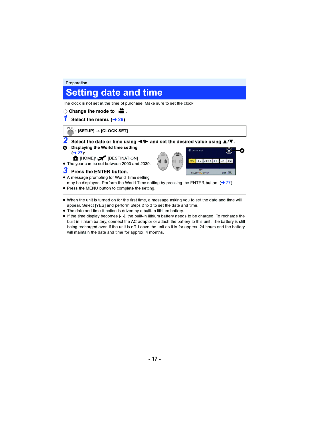 Panasonic HC-V130 owner manual Setting date and time, ¬ Change the mode to Select the menu. l26, Press the Enter button 