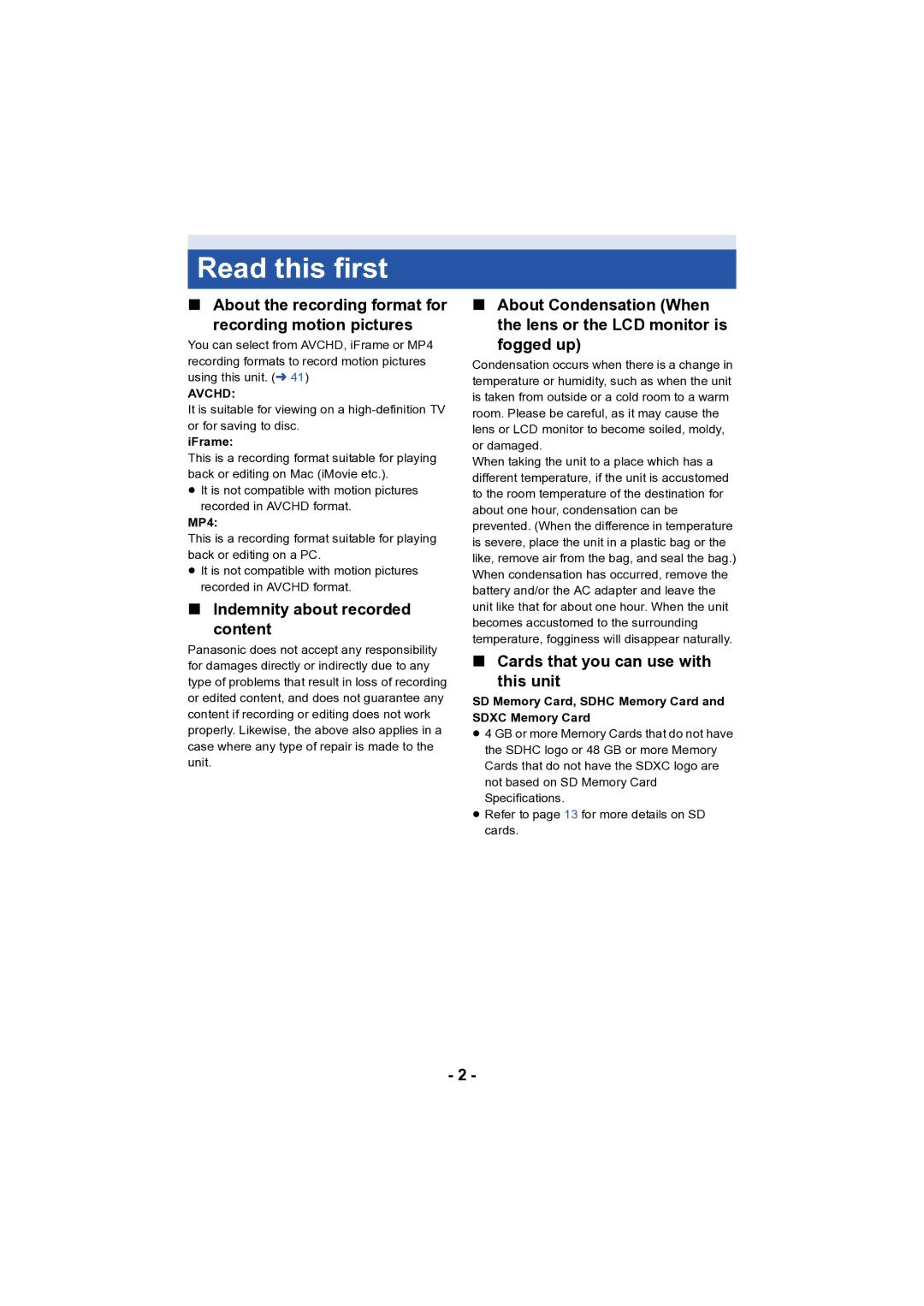 Panasonic HC-V130 owner manual Read this first, About the recording format for Recording motion pictures, Avchd 