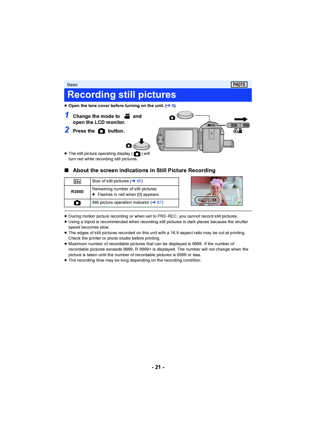 Panasonic HC-V130 owner manual Recording still pictures, About the screen indications in Still Picture Recording, R3000 