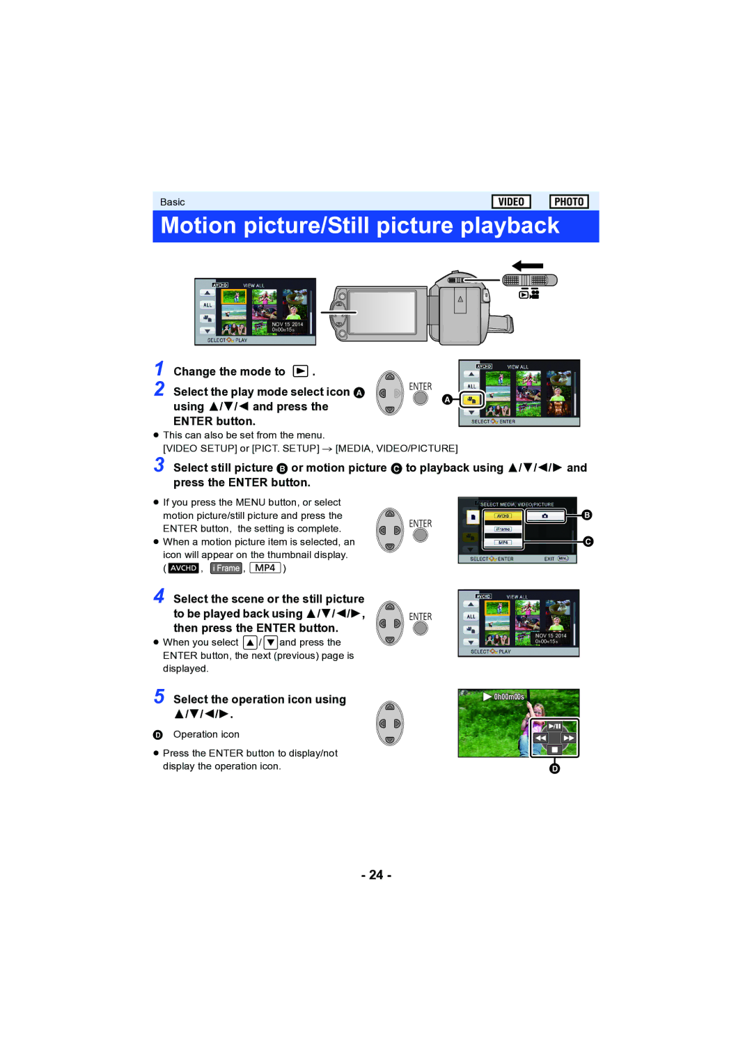 Panasonic HC-V130 owner manual Motion picture/Still picture playback, Select the operation icon using 