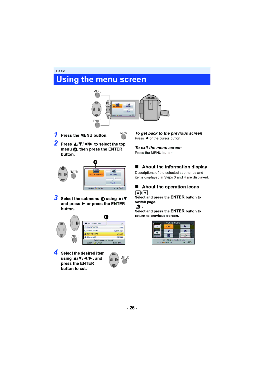 Panasonic HC-V130 owner manual Using the menu screen, About the information display, About the operation icons 