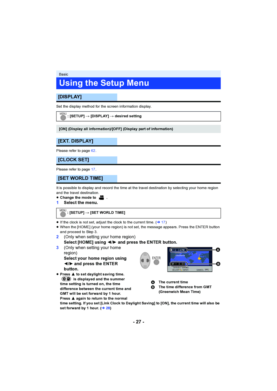 Panasonic HC-V130 owner manual Using the Setup Menu, EXT. Display, Clock SET, SET World Time 