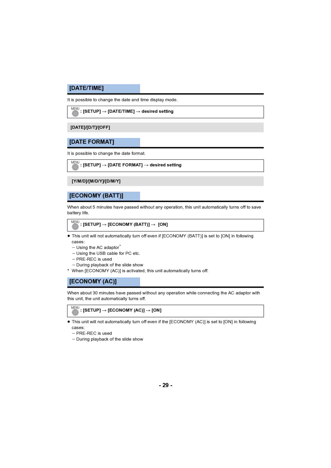 Panasonic HC-V130 owner manual Date/Time, Date Format, Economy Batt, Economy AC 