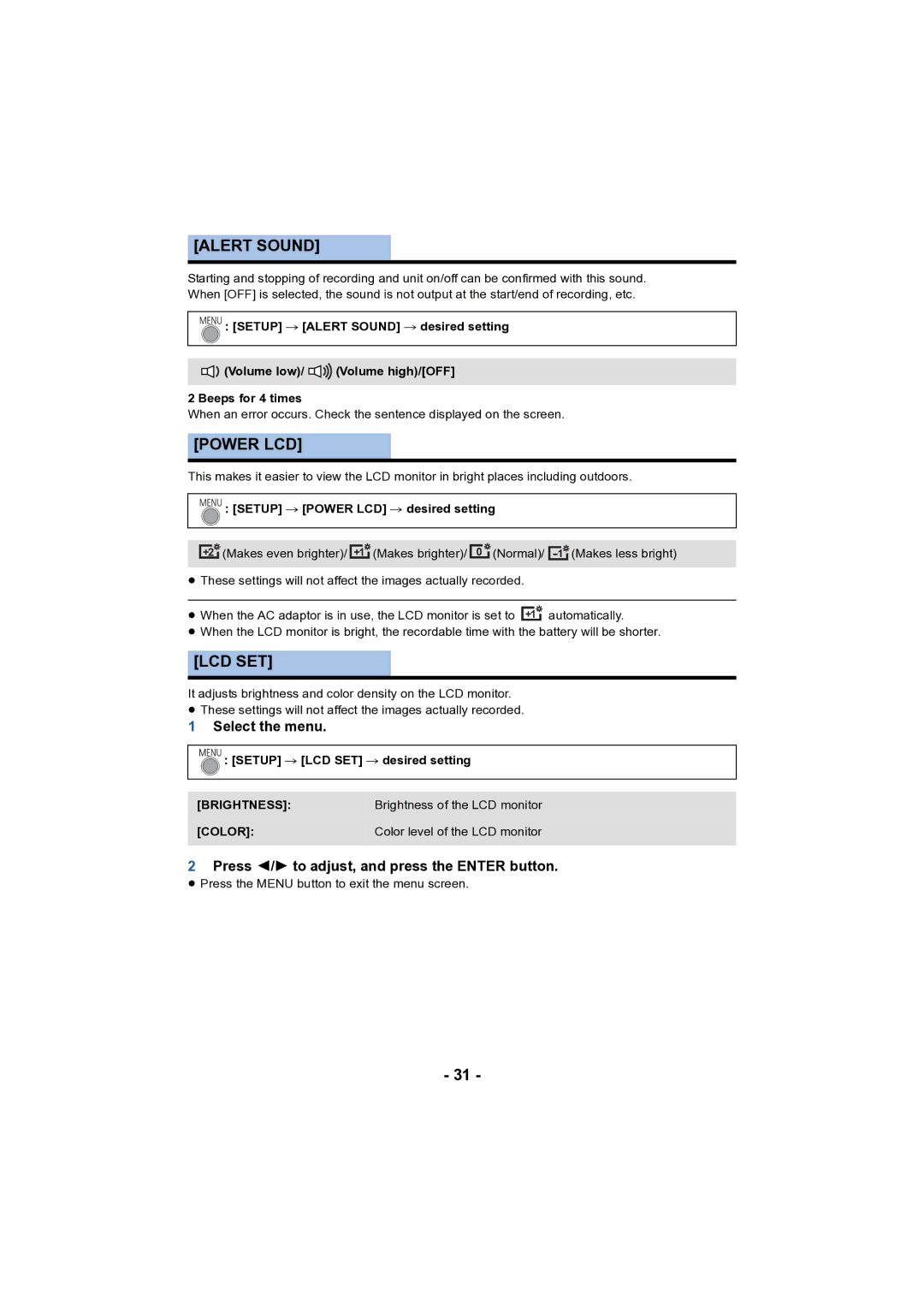 Panasonic HC-V130 owner manual Alert Sound, Power LCD, Lcd Set, Press 2/1 to adjust, and press the Enter button 