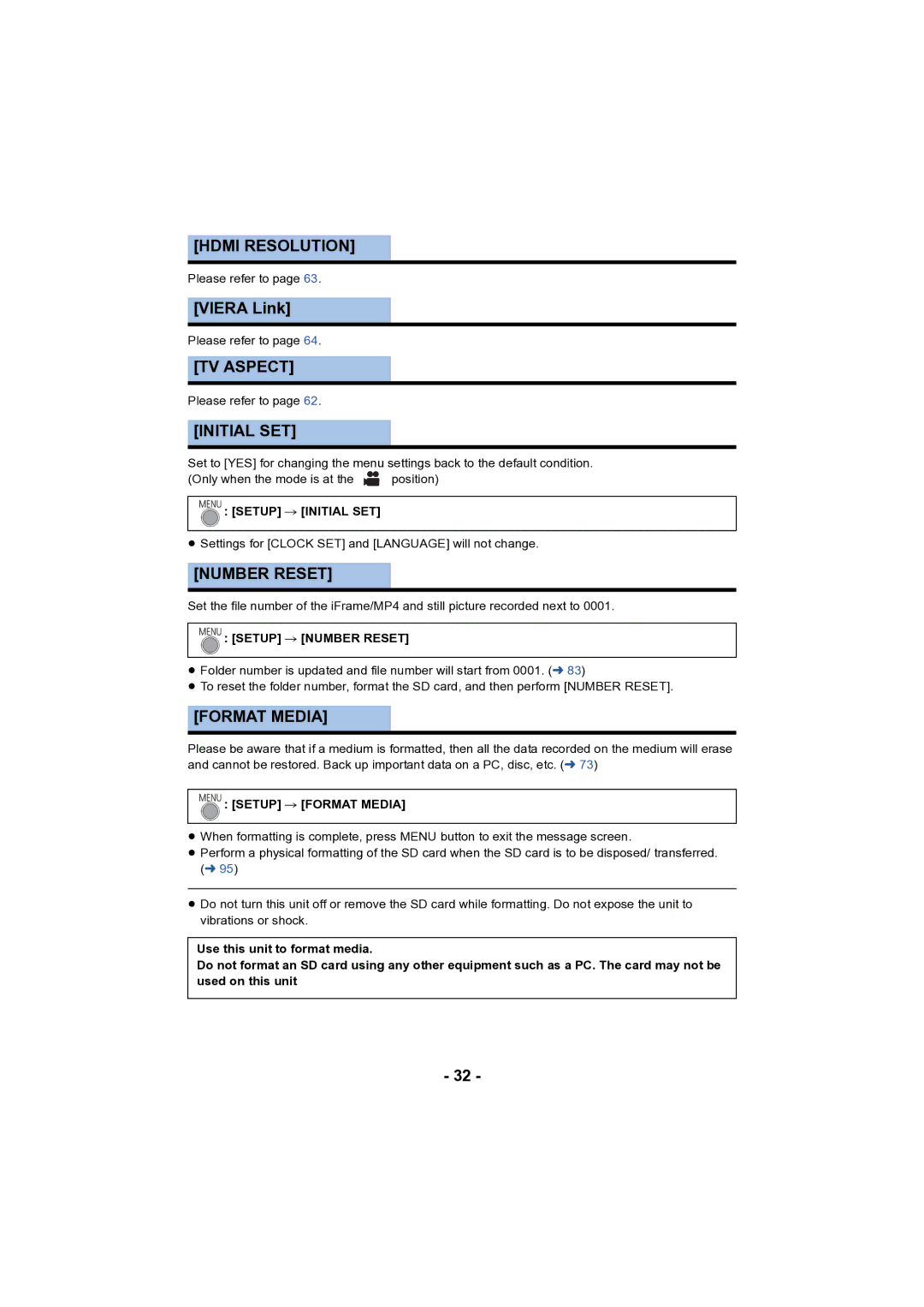 Panasonic HC-V130 owner manual Hdmi Resolution, TV Aspect, Initial SET, Number Reset, Format Media 