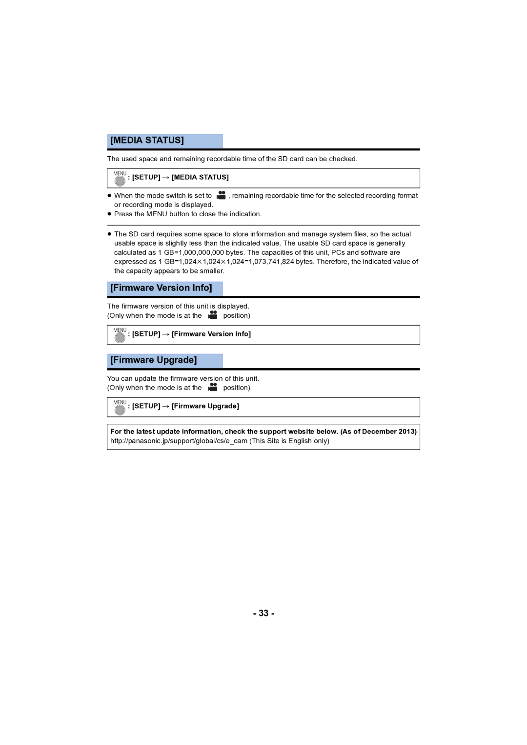 Panasonic HC-V130 owner manual Firmware Upgrade, Setup # Media Status, Setup # Firmware Version Info 