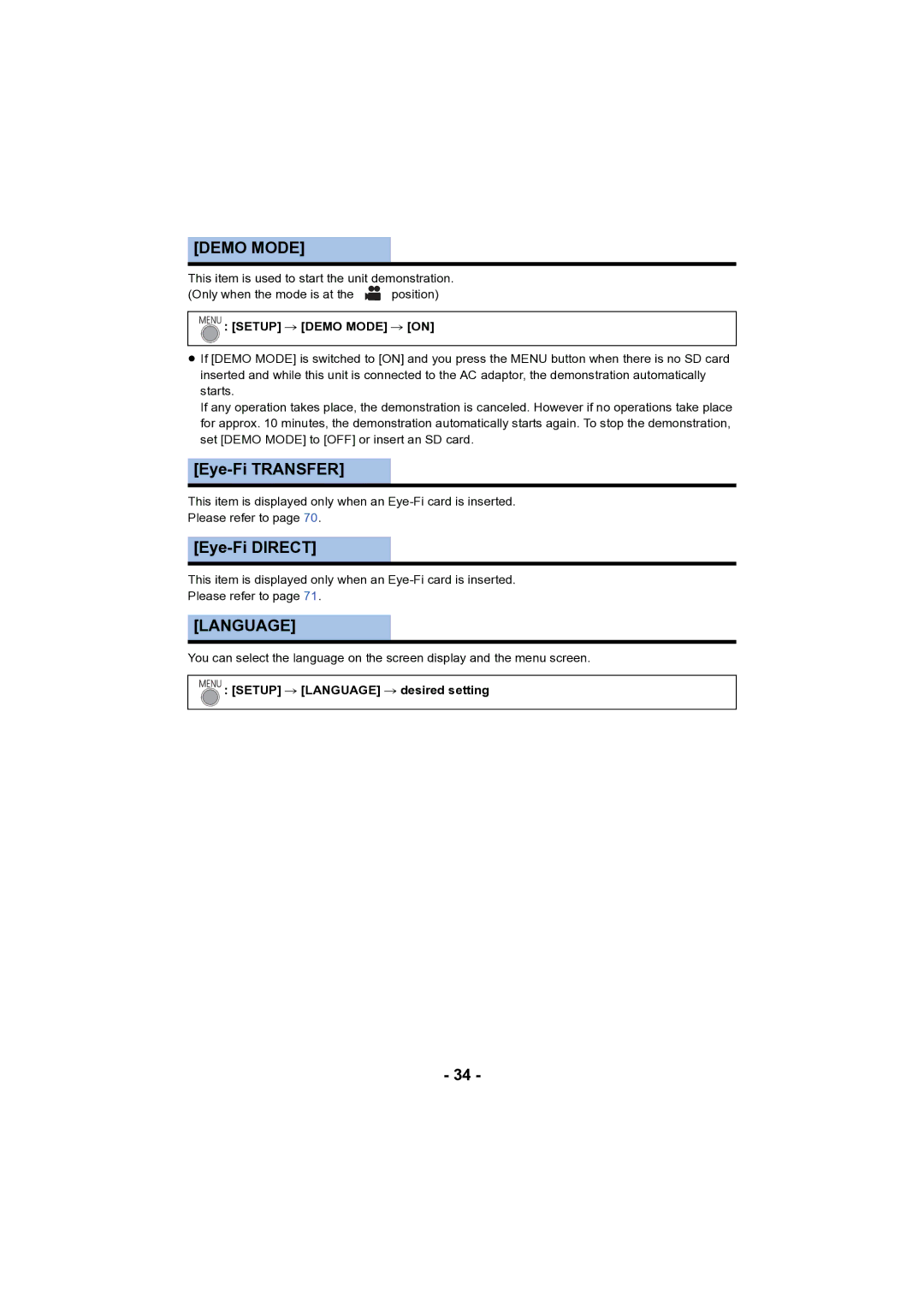 Panasonic HC-V130 owner manual Demo Mode, Eye-Fi Transfer, Eye-Fi Direct, Language 