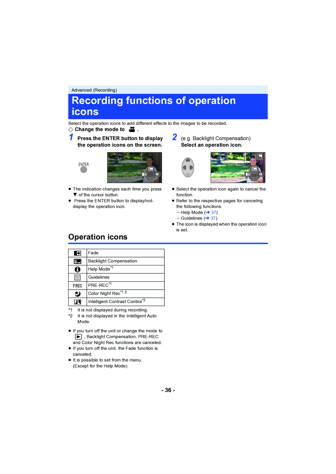 Panasonic HC-V130 owner manual Recording functions of operation icons, Operation icons 