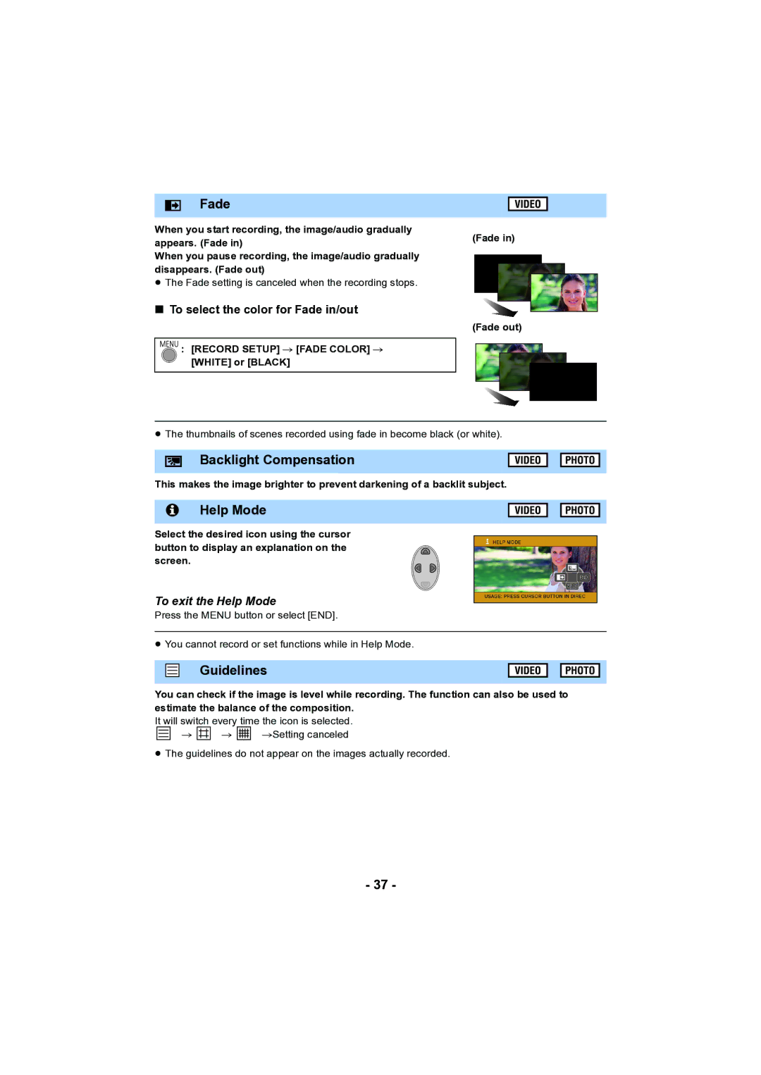 Panasonic HC-V130 owner manual Backlight Compensation, Help Mode, Guidelines, To select the color for Fade in/out 