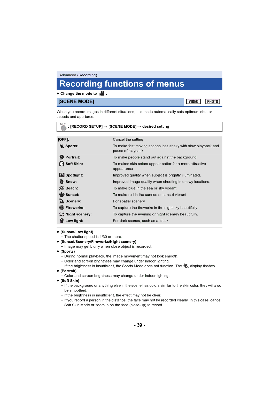 Panasonic HC-V130 owner manual Recording functions of menus, Scene Mode 