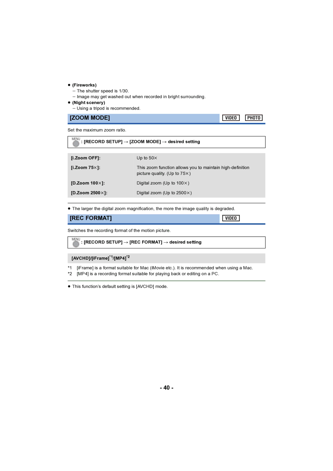 Panasonic HC-V130 owner manual Zoom Mode, REC Format 