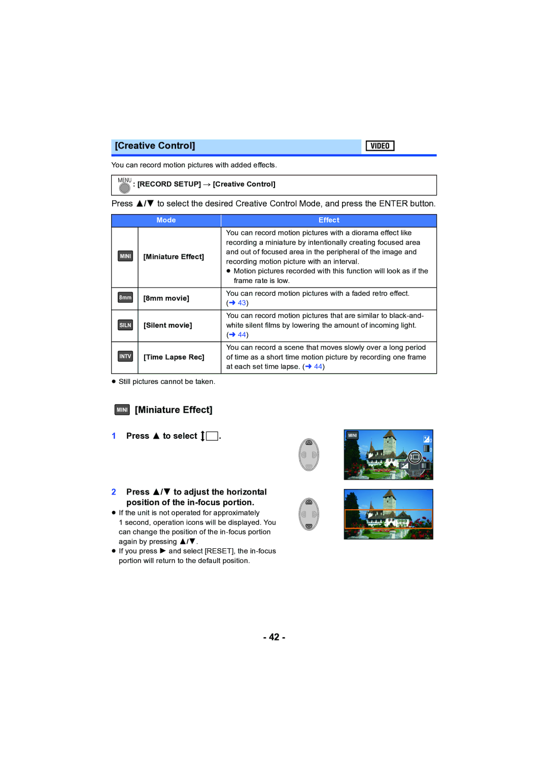 Panasonic HC-V130 owner manual Creative Control, Mini Miniature Effect, Press 3 to select 