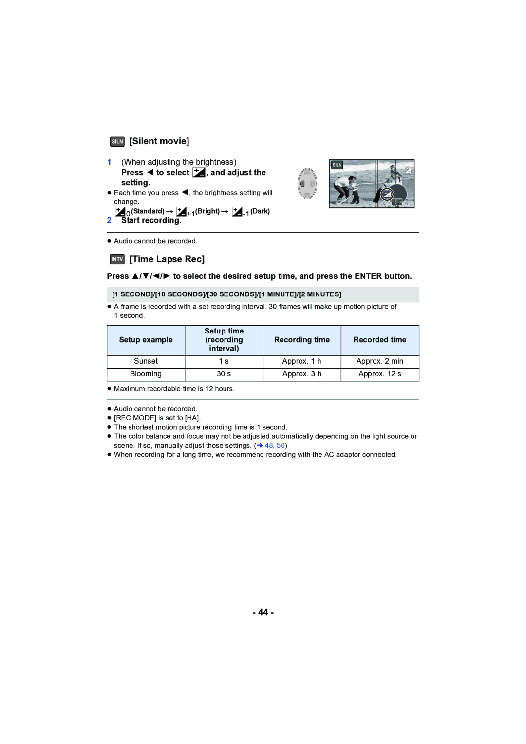 Panasonic HC-V130 owner manual Siln Silent movie, Intv Time Lapse Rec, SECOND/10 SECONDS/30 SECONDS/1 MINUTE/2 Minutes 