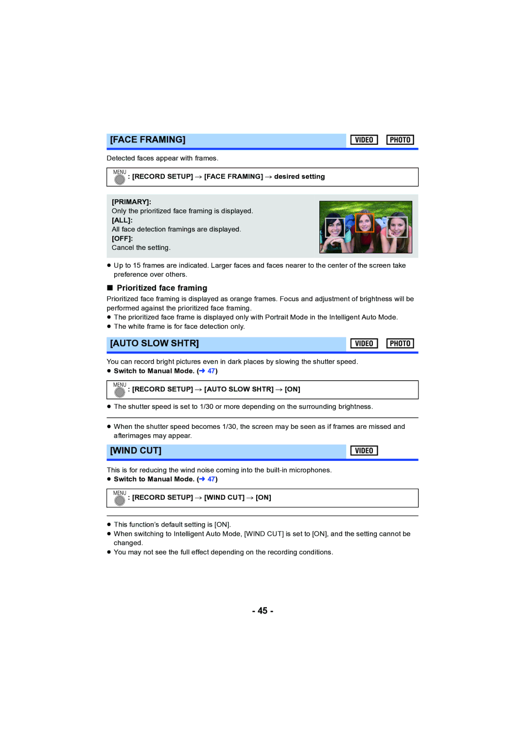 Panasonic HC-V130 owner manual Face Framing, Auto Slow Shtr, Wind CUT, Prioritized face framing 