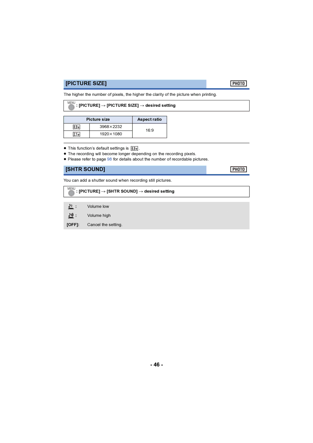 Panasonic HC-V130 owner manual Picture Size, Shtr Sound 