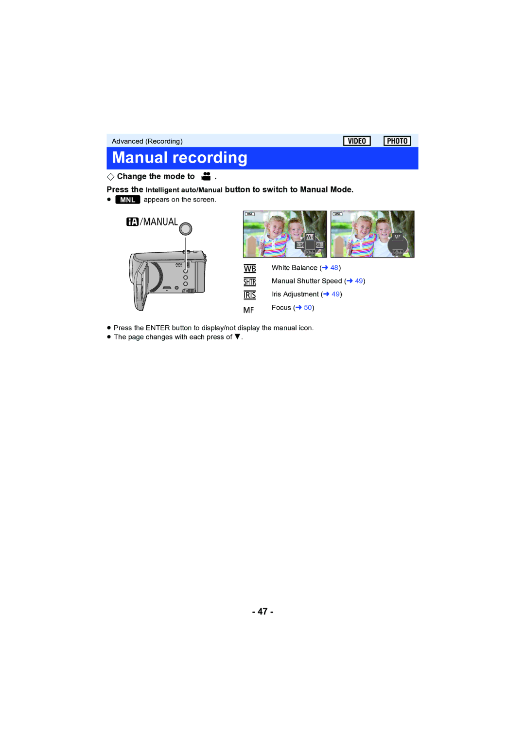 Panasonic HC-V130 owner manual Manual recording 