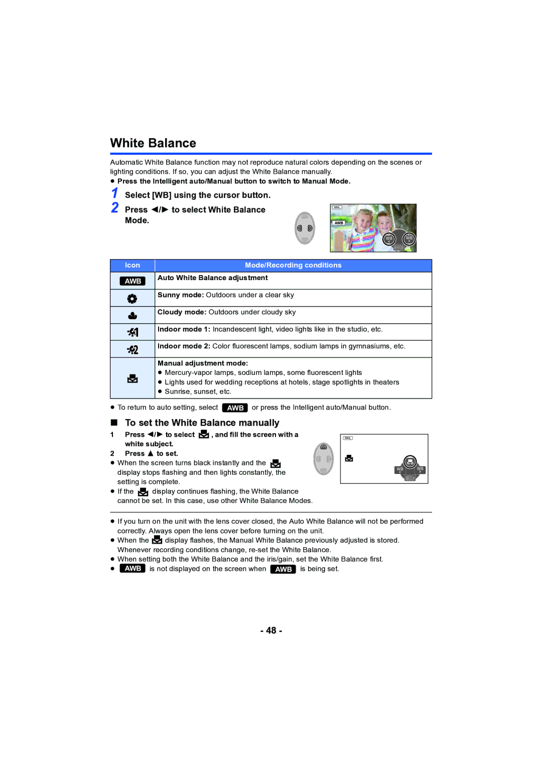 Panasonic HC-V130 To set the White Balance manually, Select WB using the cursor button, Manual adjustment mode 