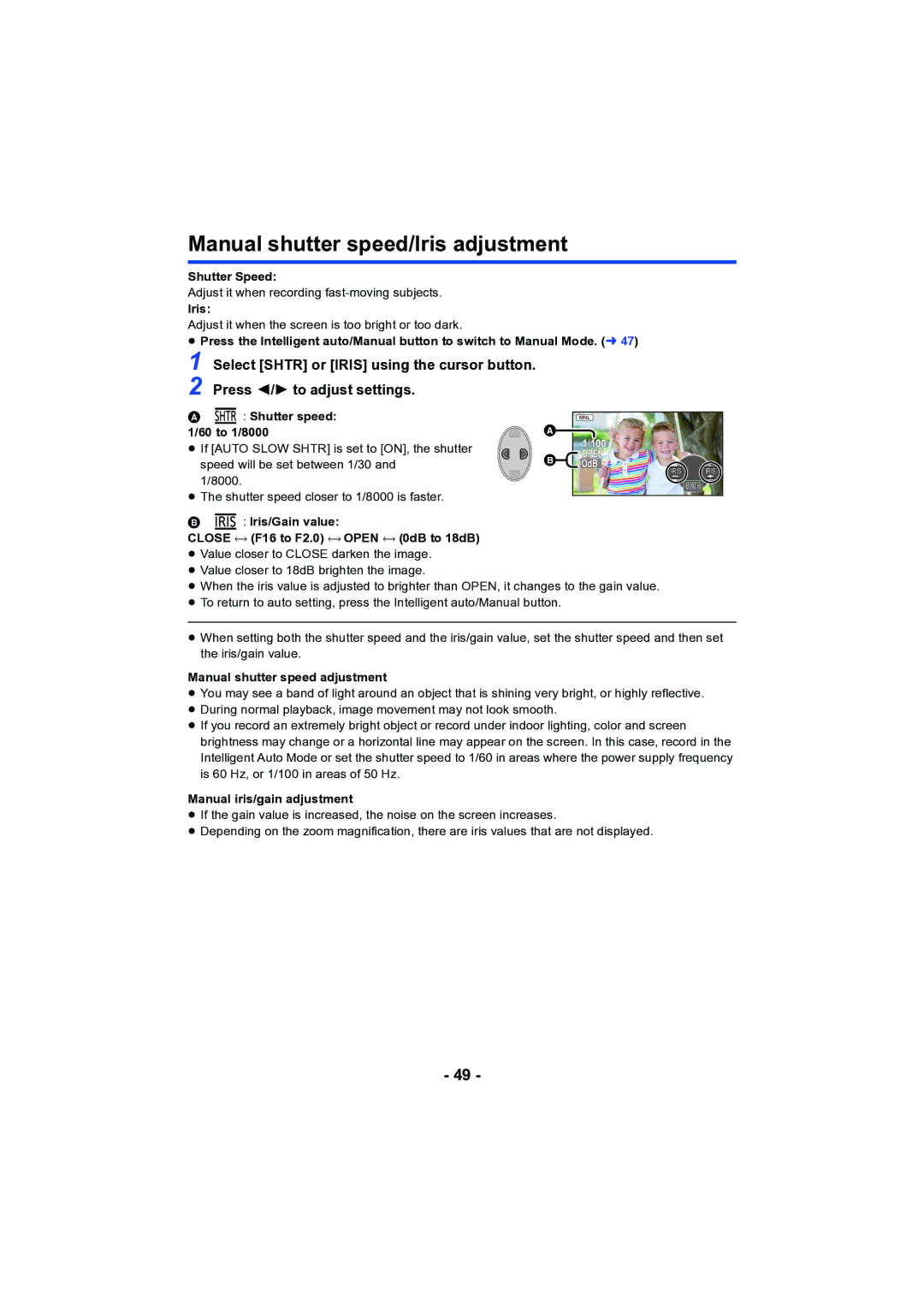 Panasonic HC-V130 owner manual Manual shutter speed/Iris adjustment 