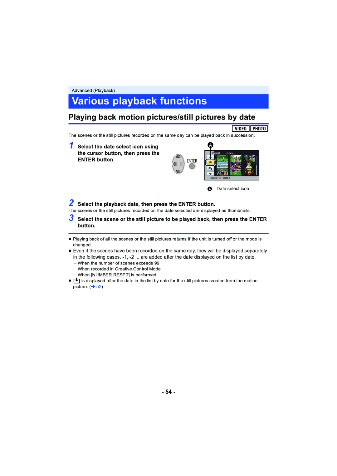 Panasonic HC-V130 owner manual Various playback functions, Playing back motion pictures/still pictures by date 