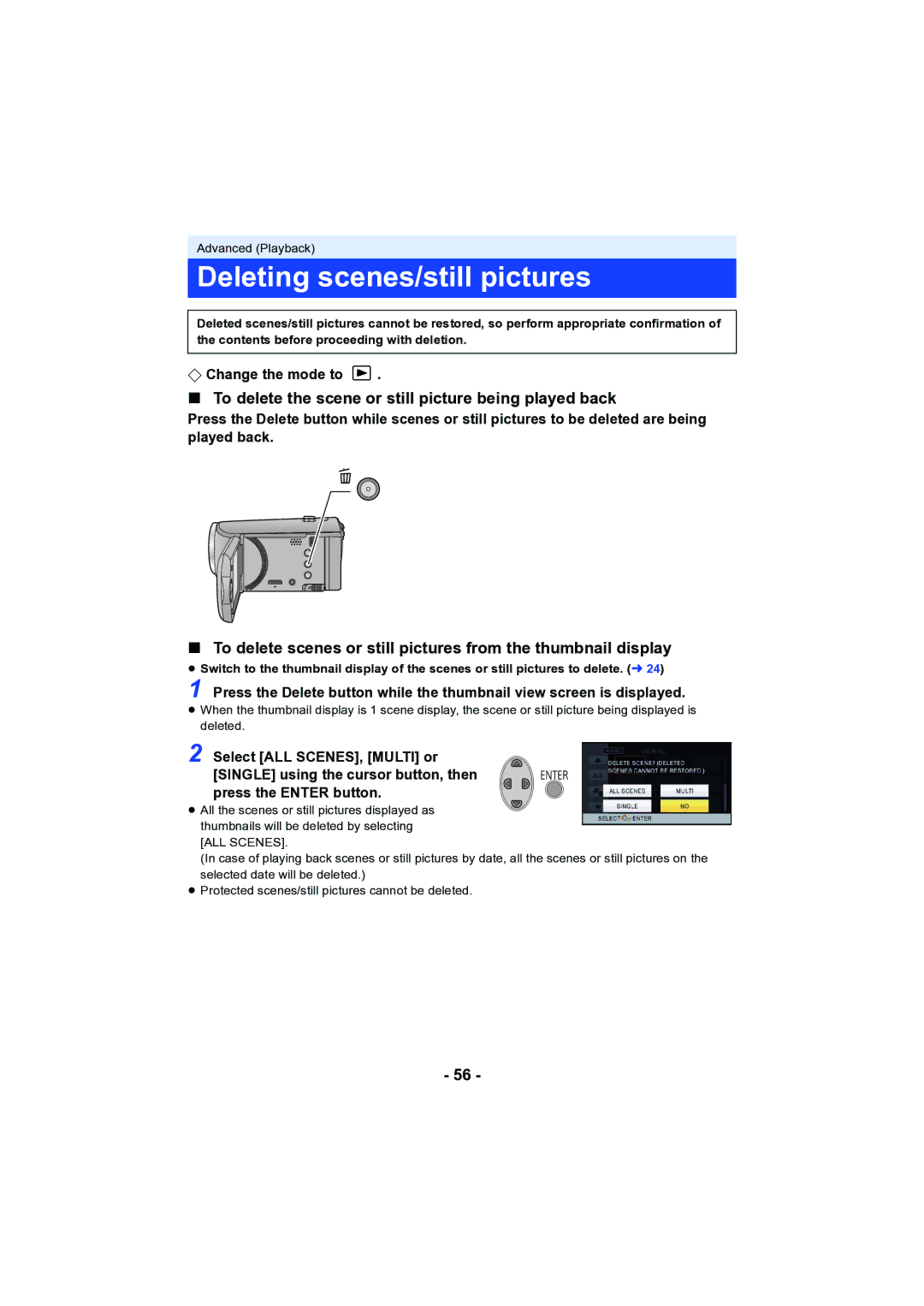 Panasonic HC-V130 owner manual Deleting scenes/still pictures, To delete the scene or still picture being played back 