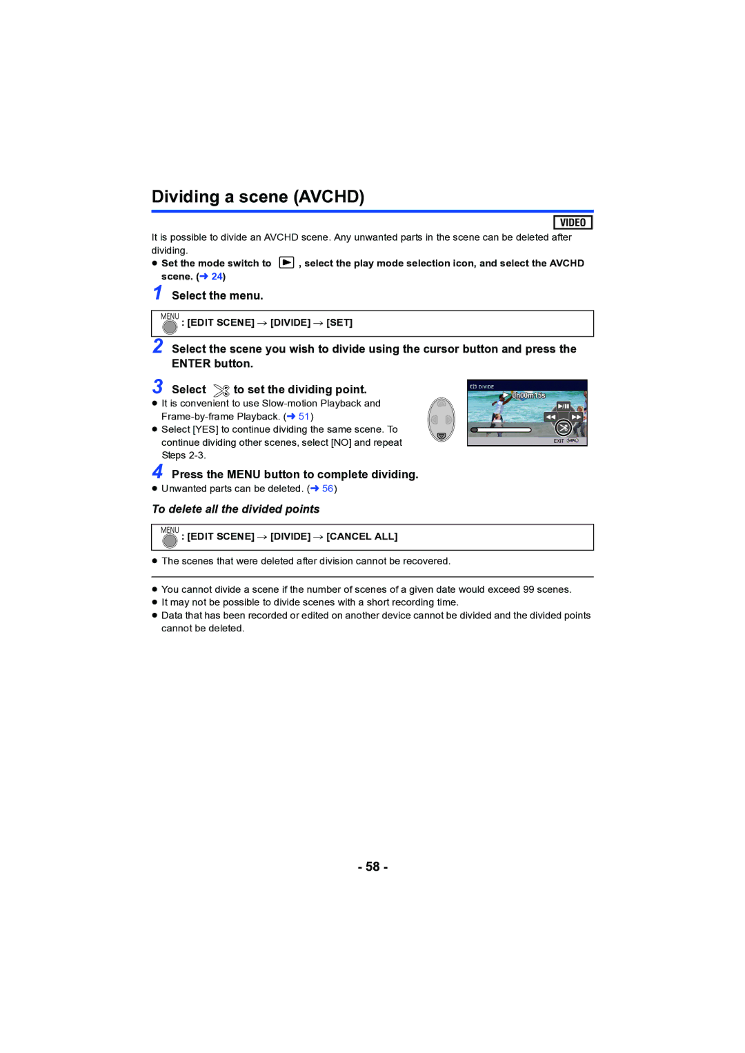 Panasonic HC-V130 Dividing a scene Avchd, Press the Menu button to complete dividing, Edit Scene # Divide # SET 