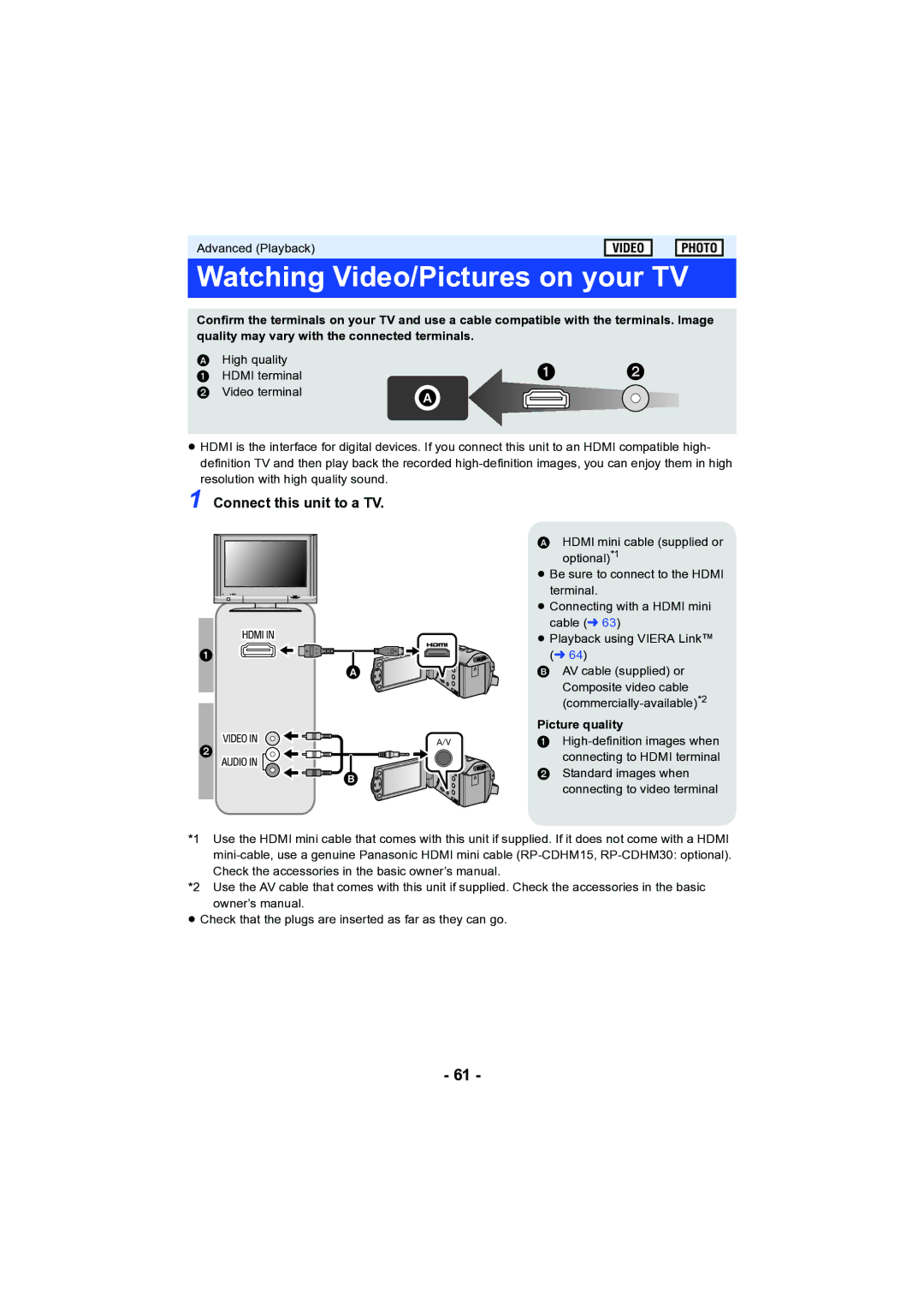 Panasonic HC-V130 owner manual Watching Video/Pictures on your TV, Connect this unit to a TV, Picture quality 