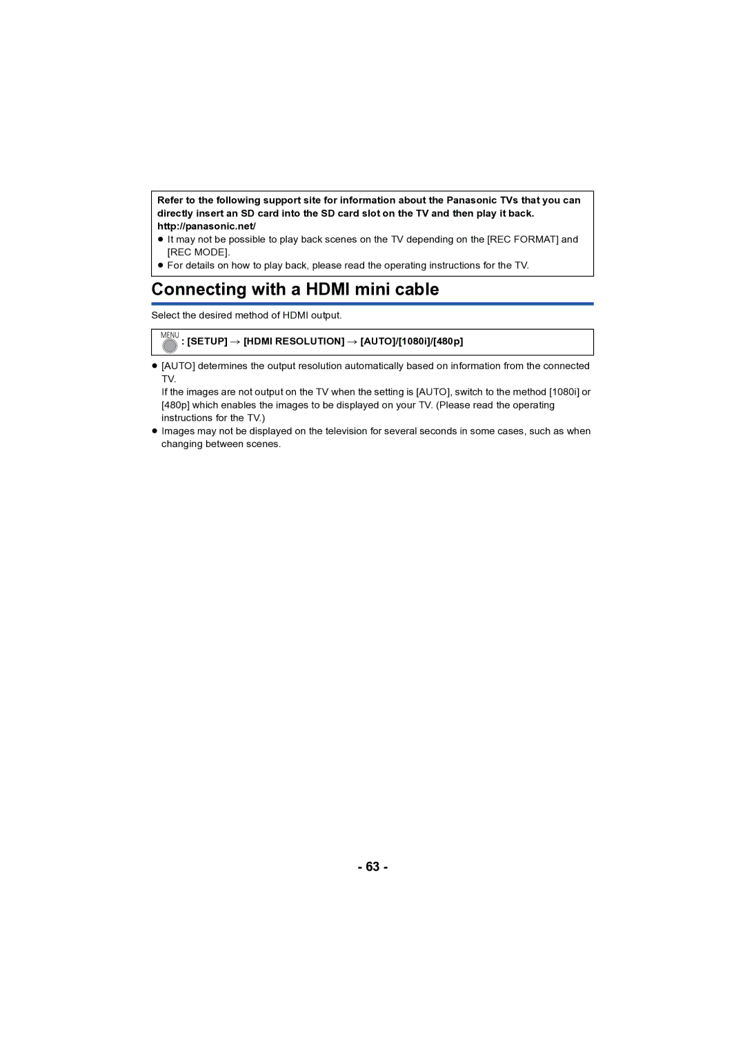 Panasonic HC-V130 owner manual Connecting with a Hdmi mini cable, Setup # Hdmi Resolution # AUTO/1080i/480p 