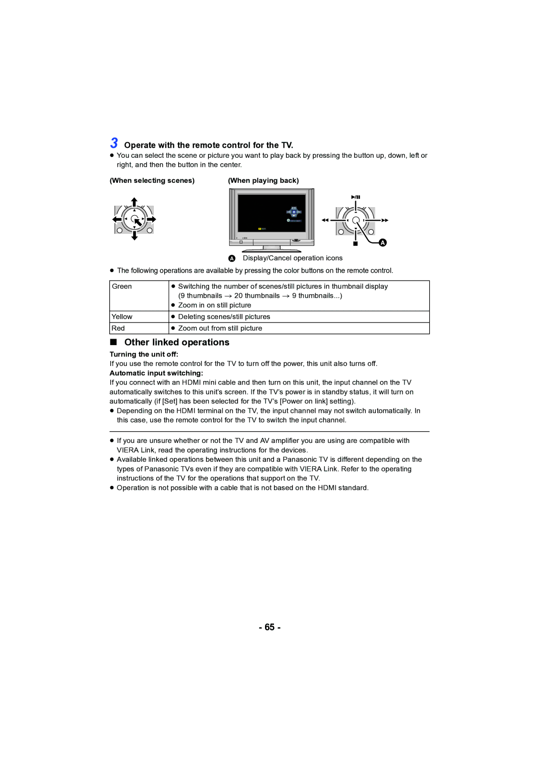 Panasonic HC-V130 owner manual Other linked operations, Operate with the remote control for the TV, Turning the unit off 