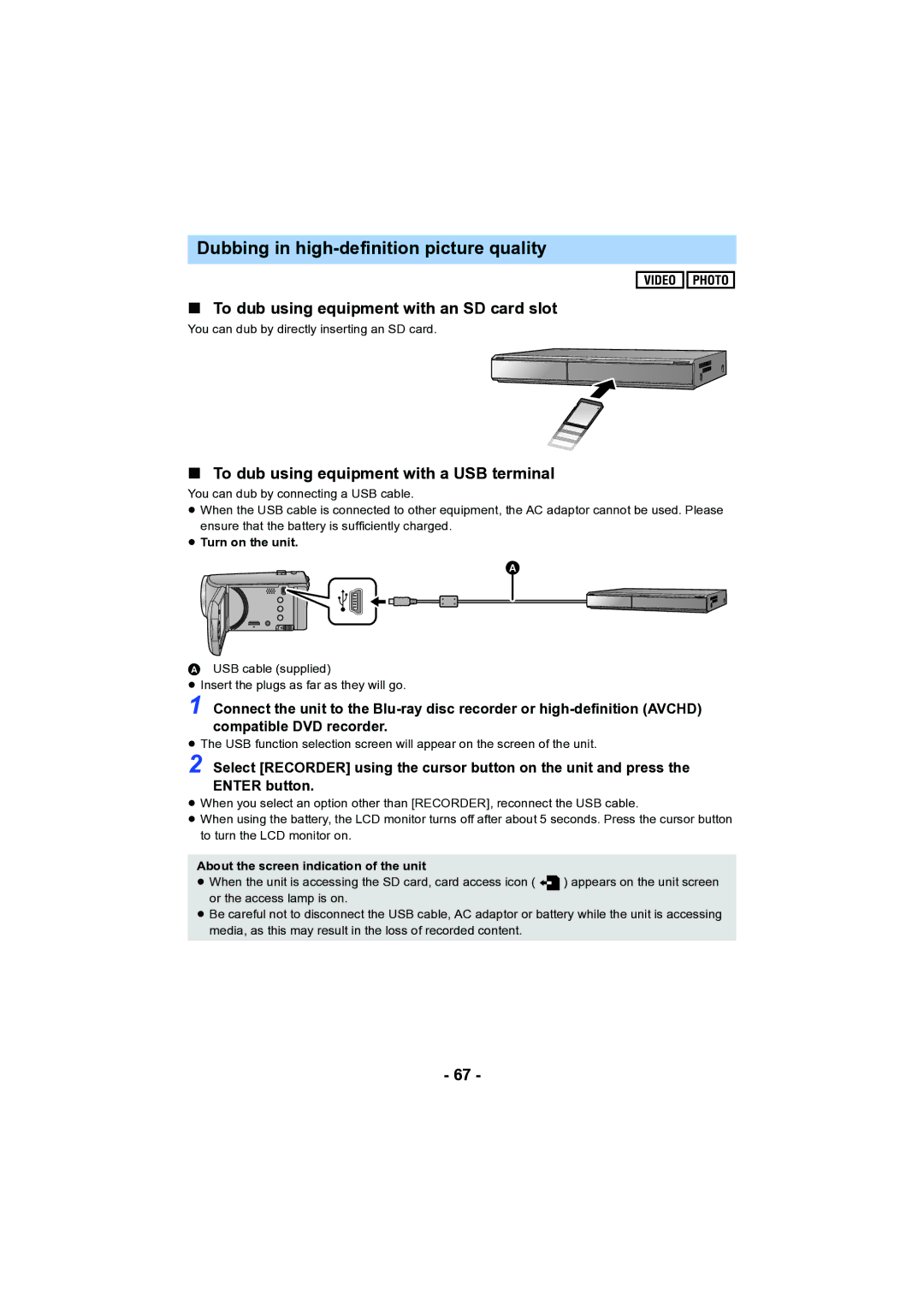 Panasonic HC-V130 owner manual To dub using equipment with an SD card slot, To dub using equipment with a USB terminal 