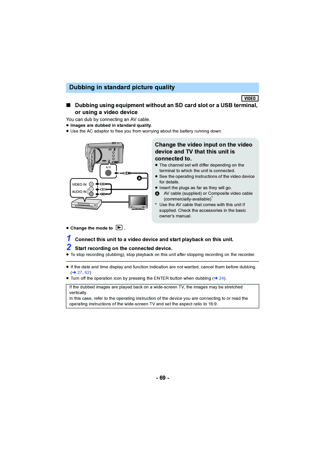 Panasonic HC-V130 owner manual Dubbing in standard picture quality, ≥ Images are dubbed in standard quality 