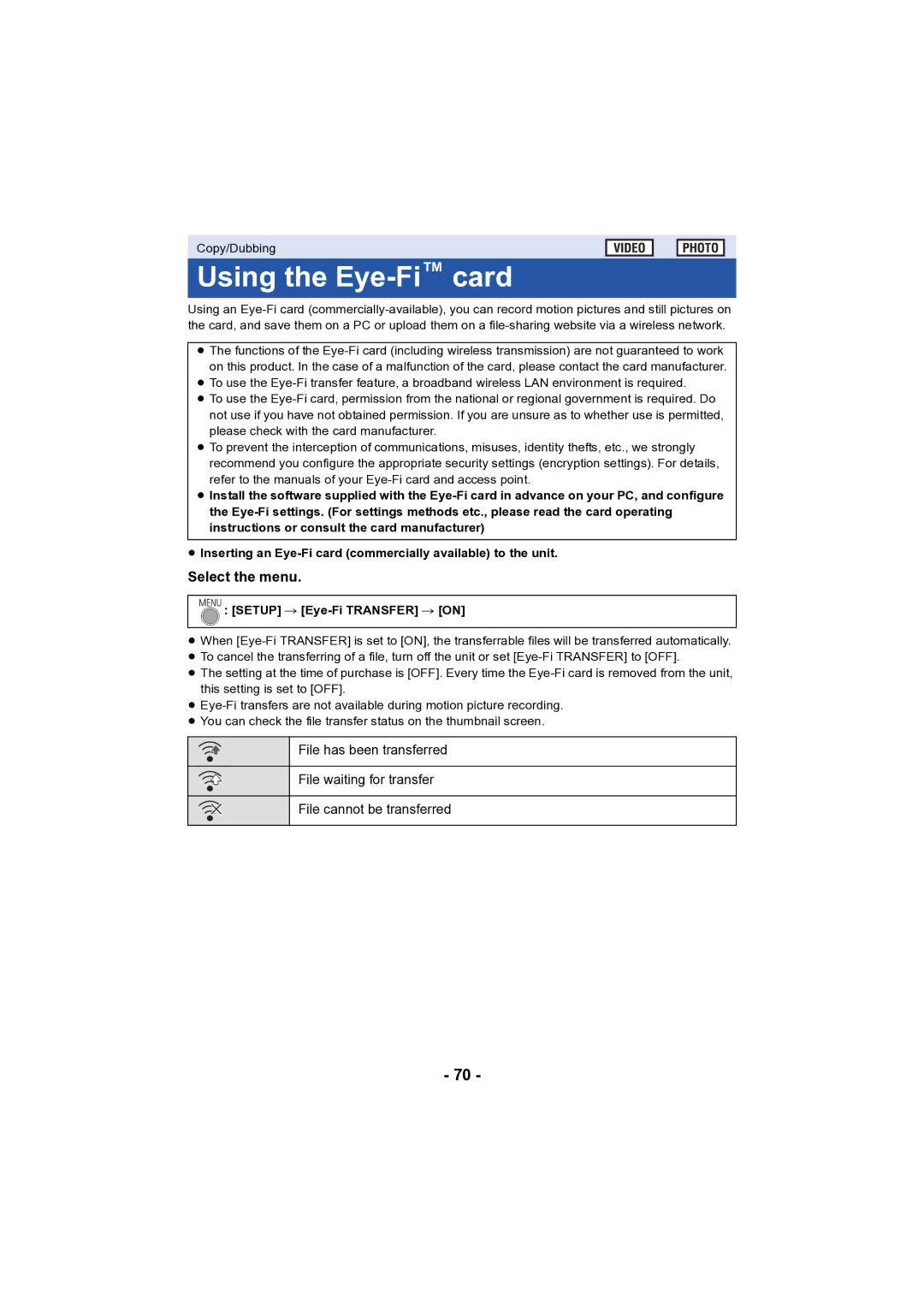 Panasonic HC-V130 owner manual Using the Eye-Ficard, Setup # Eye-Fi Transfer # on 