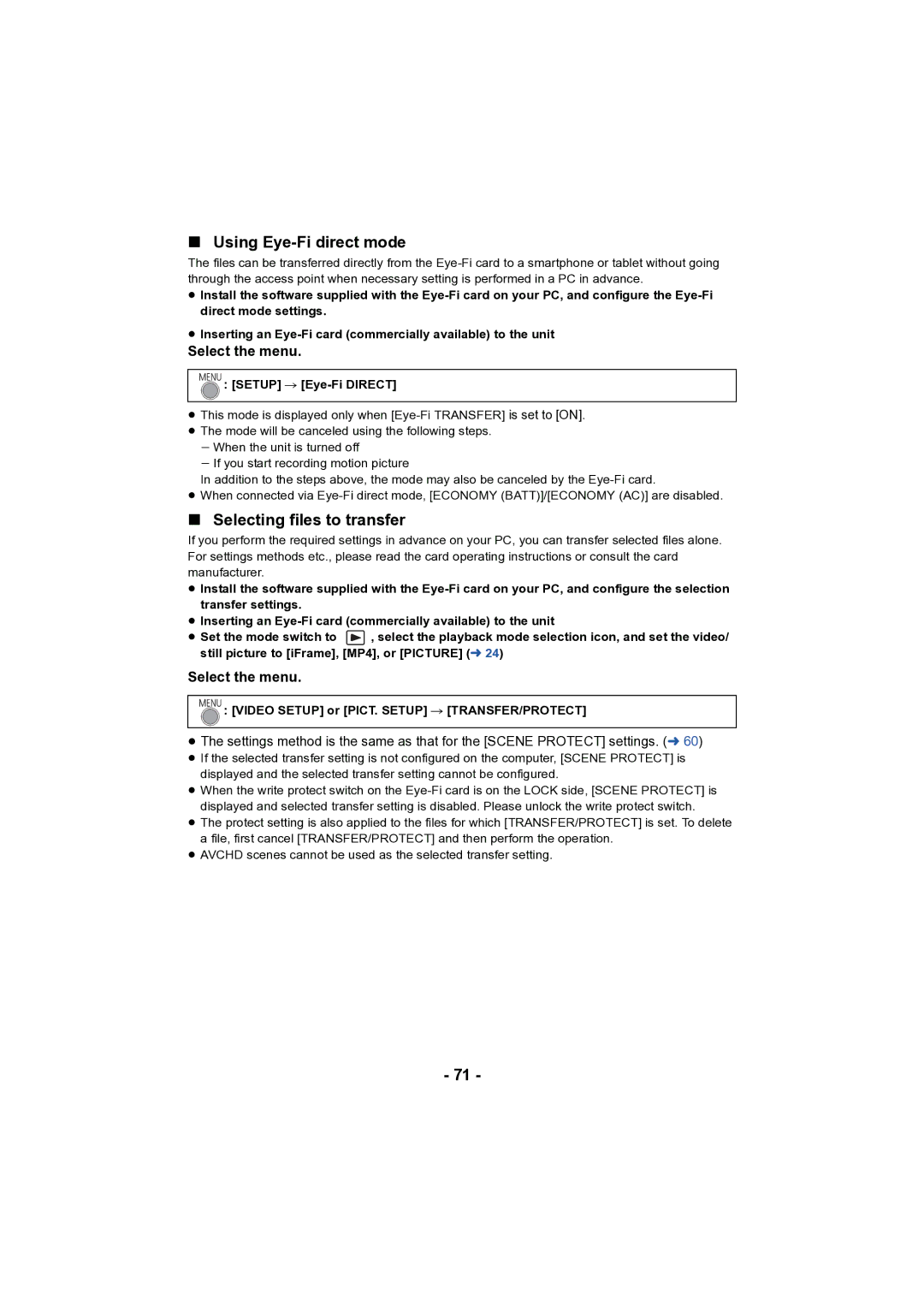 Panasonic HC-V130 owner manual Using Eye-Fi direct mode, Selecting files to transfer, Setup # Eye-Fi Direct 