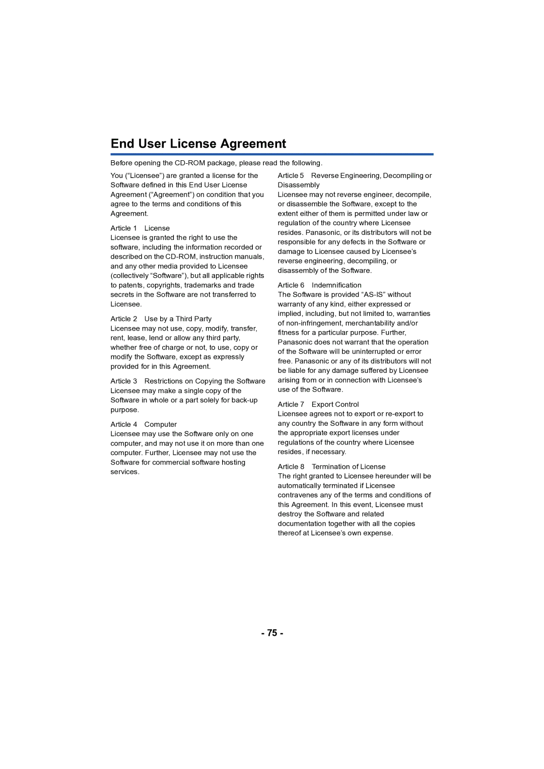 Panasonic HC-V130 owner manual End User License Agreement 