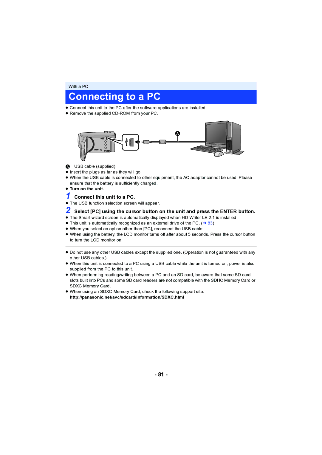 Panasonic HC-V130 owner manual Connecting to a PC, Connect this unit to a PC 