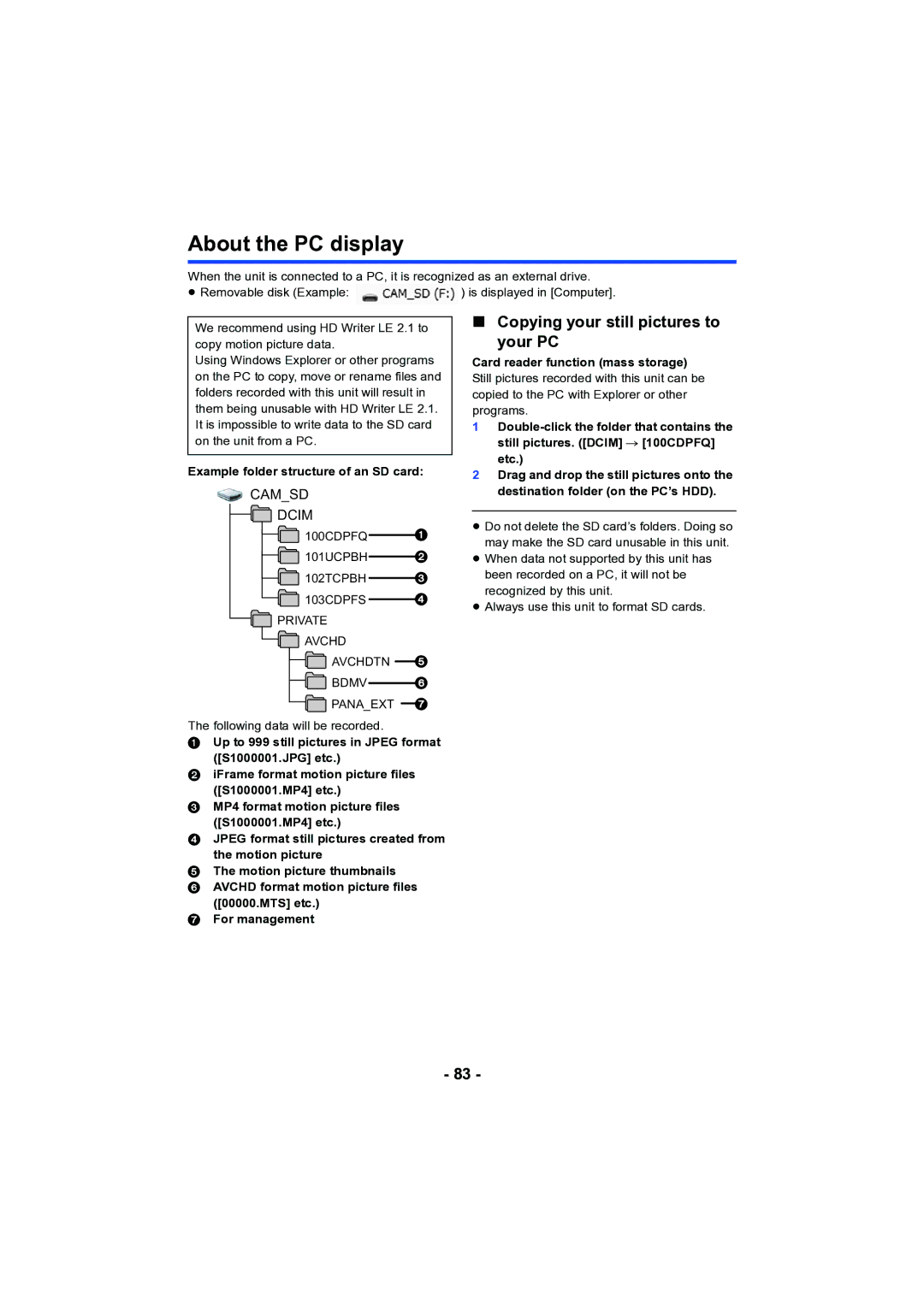 Panasonic HC-V130 About the PC display, Copying your still pictures to Your PC, Example folder structure of an SD card 