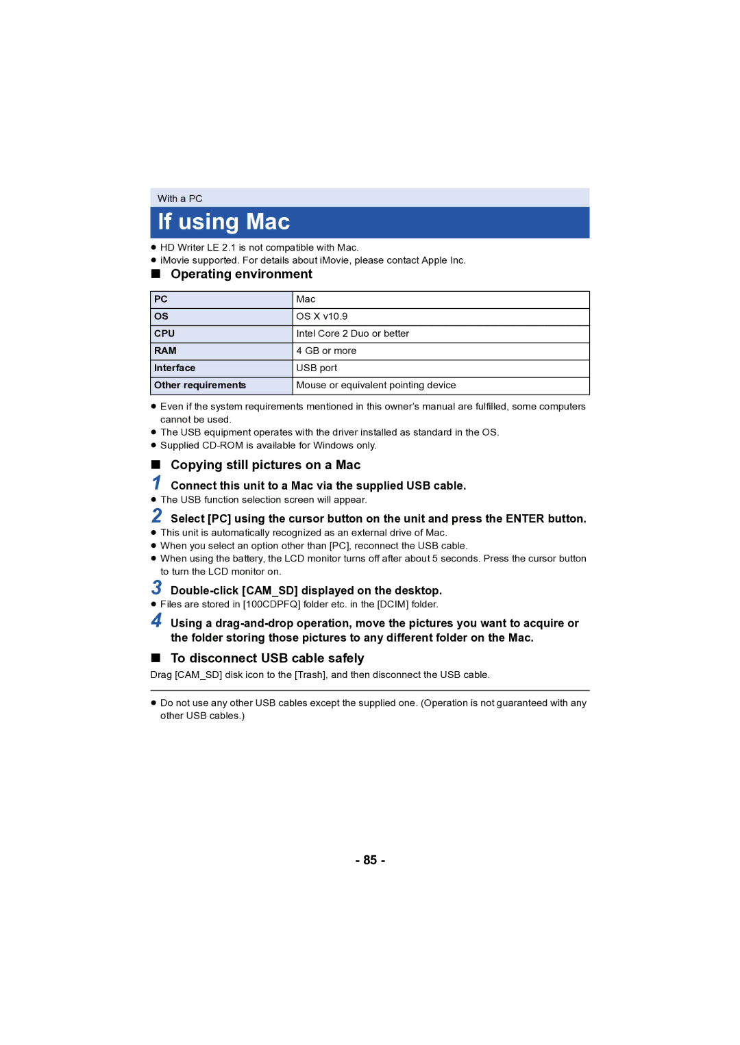 Panasonic HC-V130 owner manual If using Mac, Operating environment, Copying still pictures on a Mac 