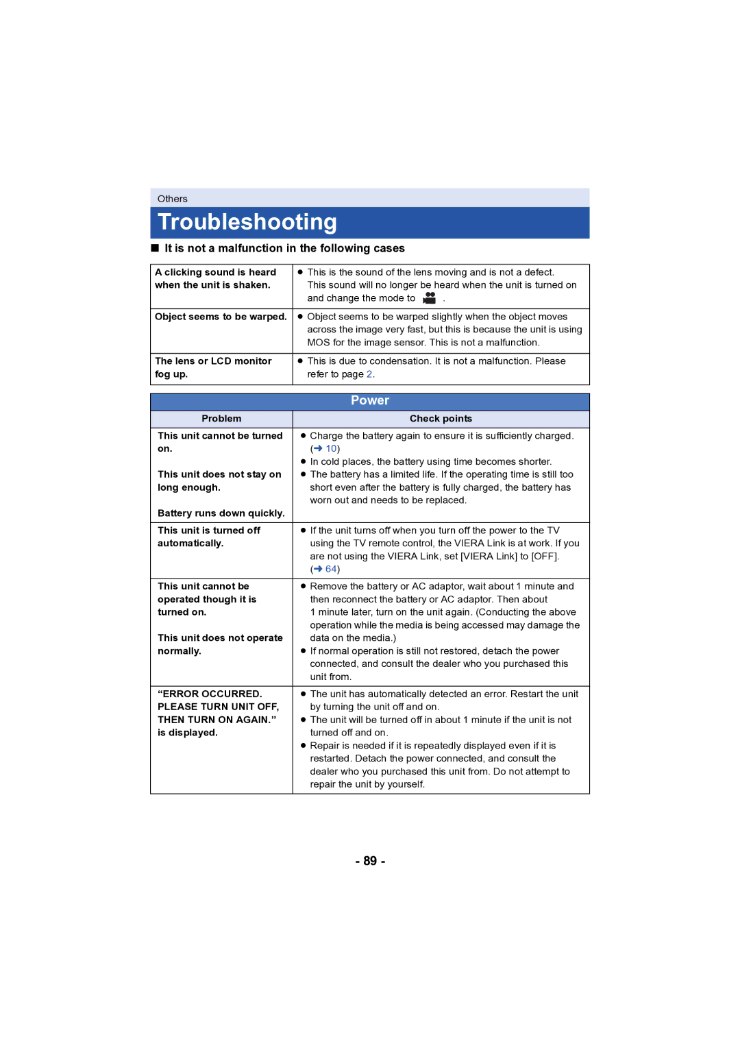 Panasonic HC-V130 Troubleshooting, It is not a malfunction in the following cases, Error Occurred, Please Turn Unit OFF 