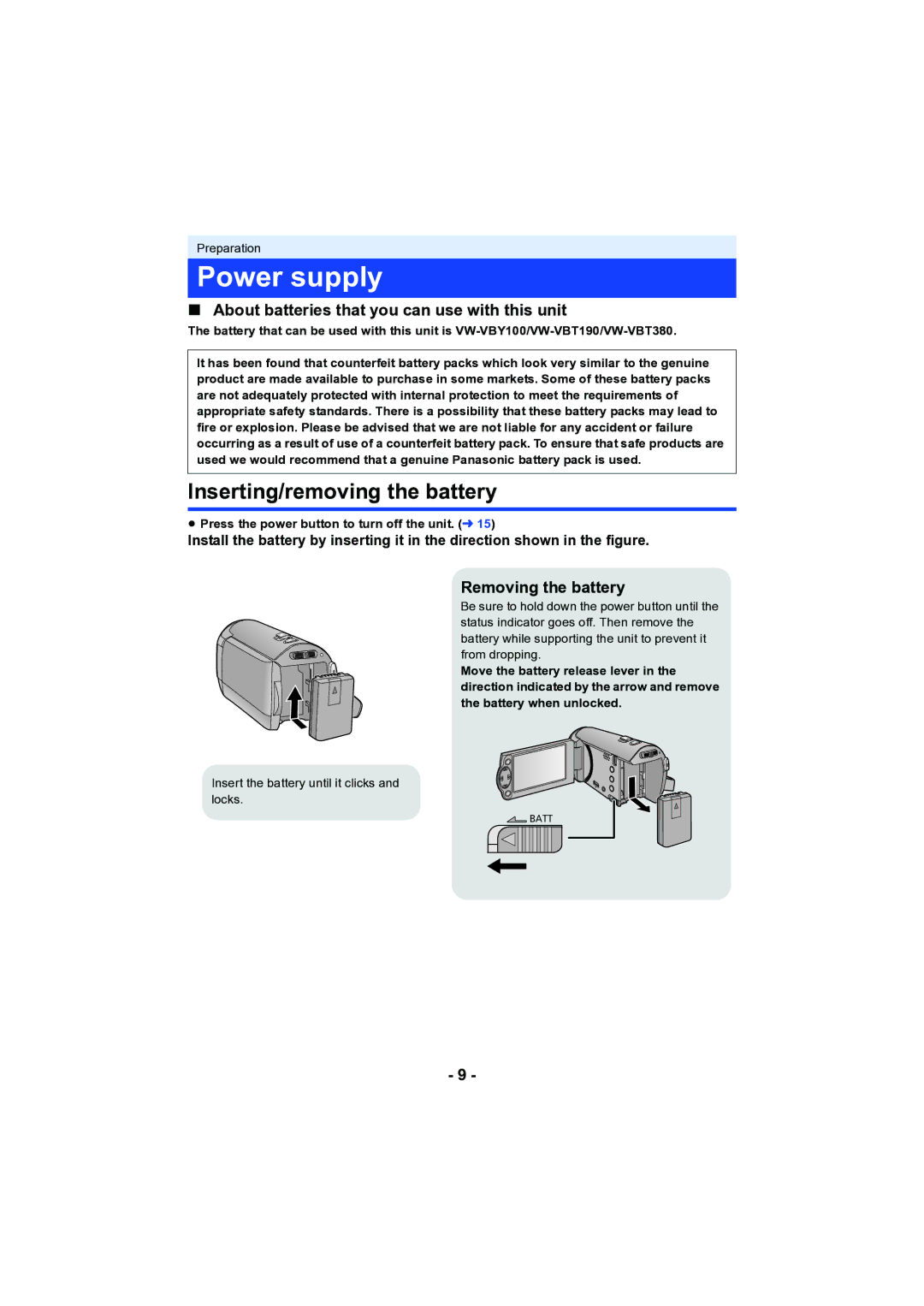 Panasonic HC-V130 Power supply, Inserting/removing the battery, About batteries that you can use with this unit 