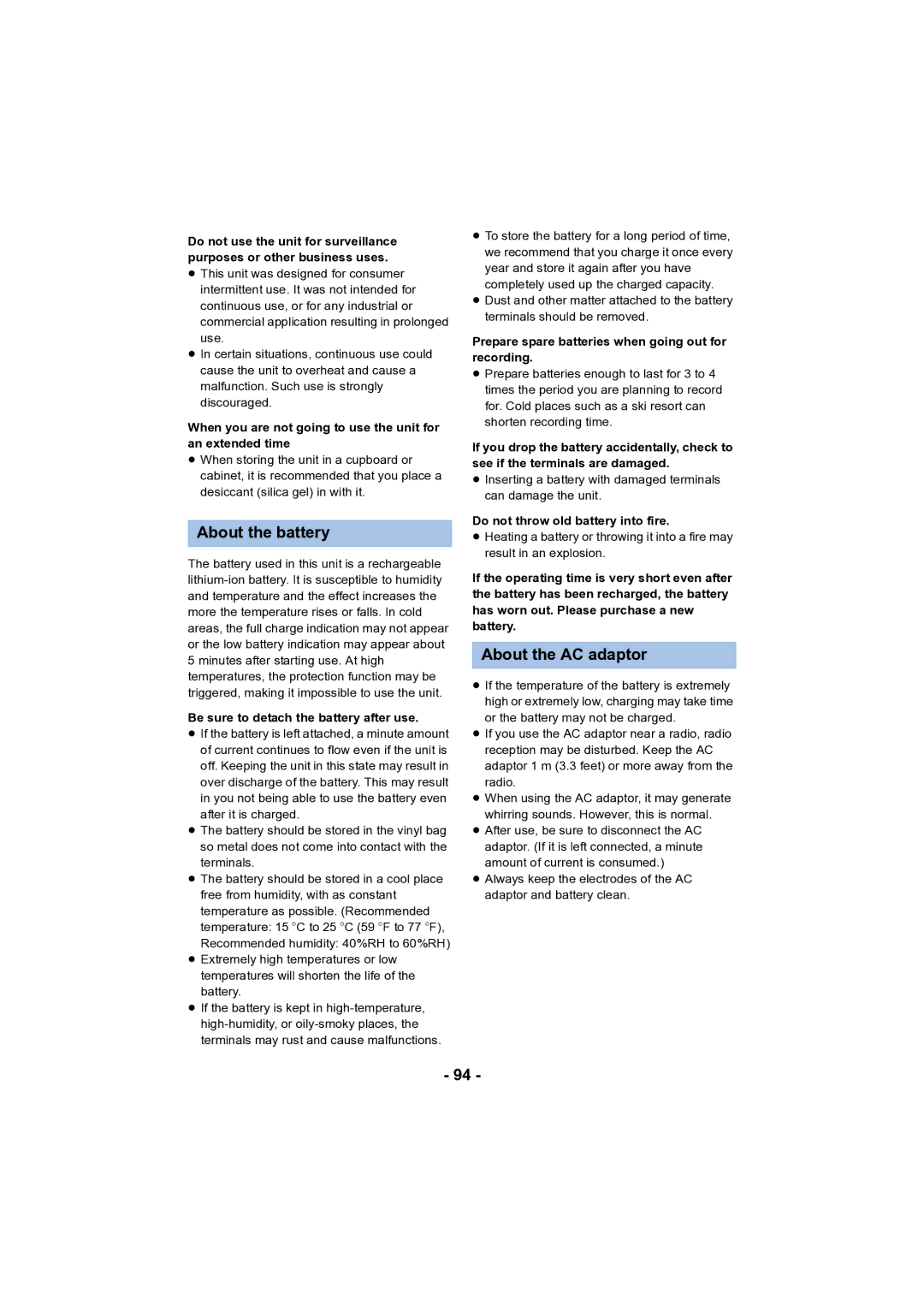 Panasonic HC-V130 owner manual About the battery, About the AC adaptor 