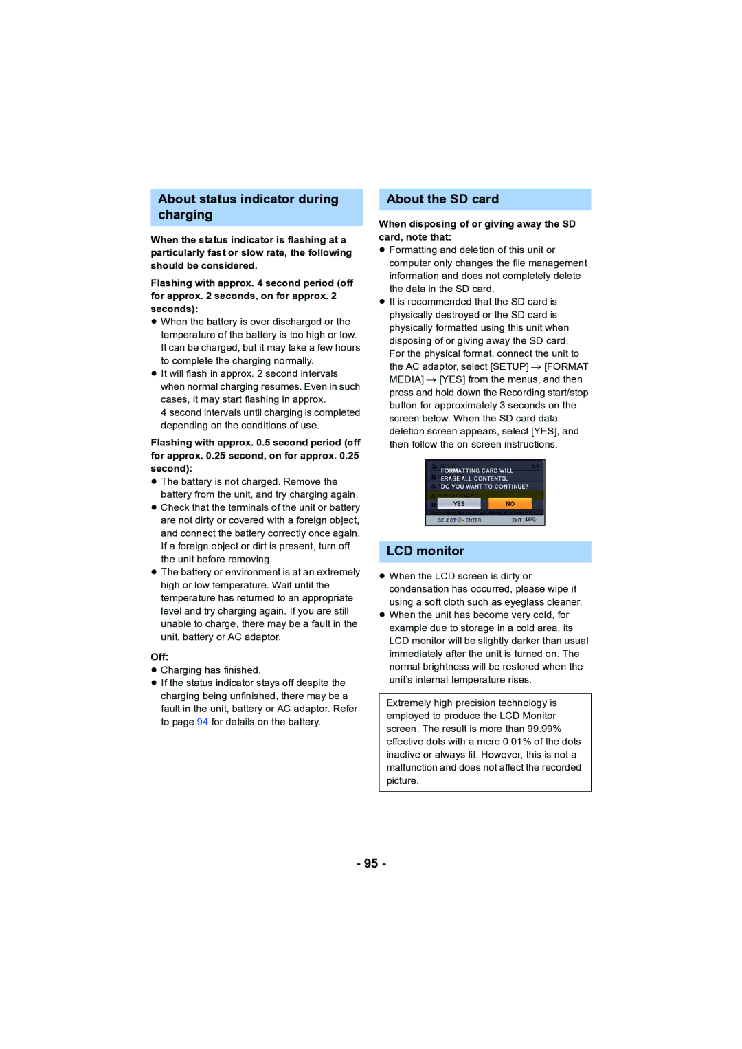 Panasonic HC-V130 owner manual About status indicator during charging, About the SD card, LCD monitor 