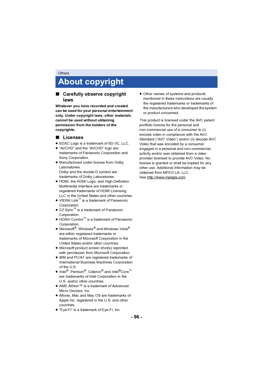 Panasonic HC-V130 owner manual About copyright, Carefully observe copyright Laws, Licenses 