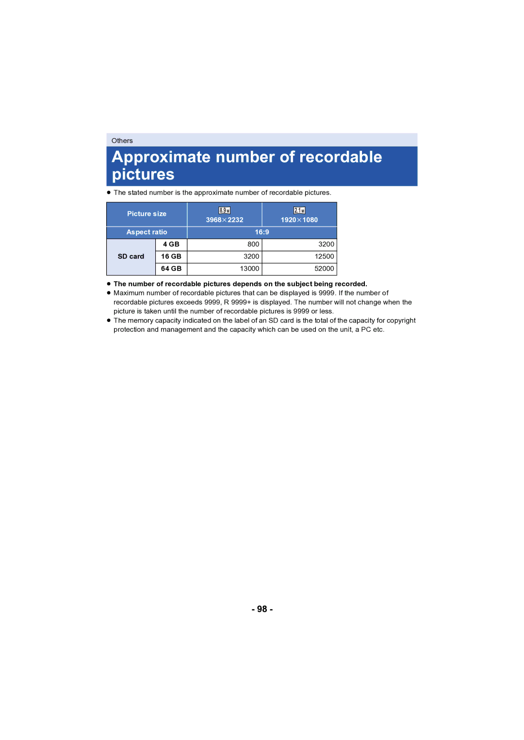 Panasonic HC-V130 owner manual Approximate number of recordable pictures 