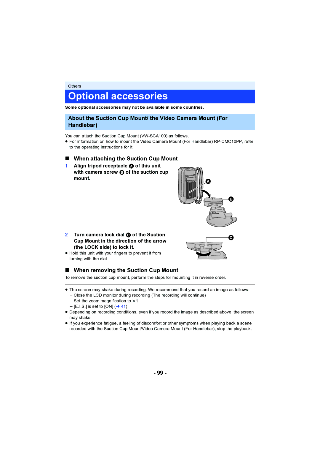 Panasonic HC-V130 Optional accessories, When attaching the Suction Cup Mount, When removing the Suction Cup Mount 