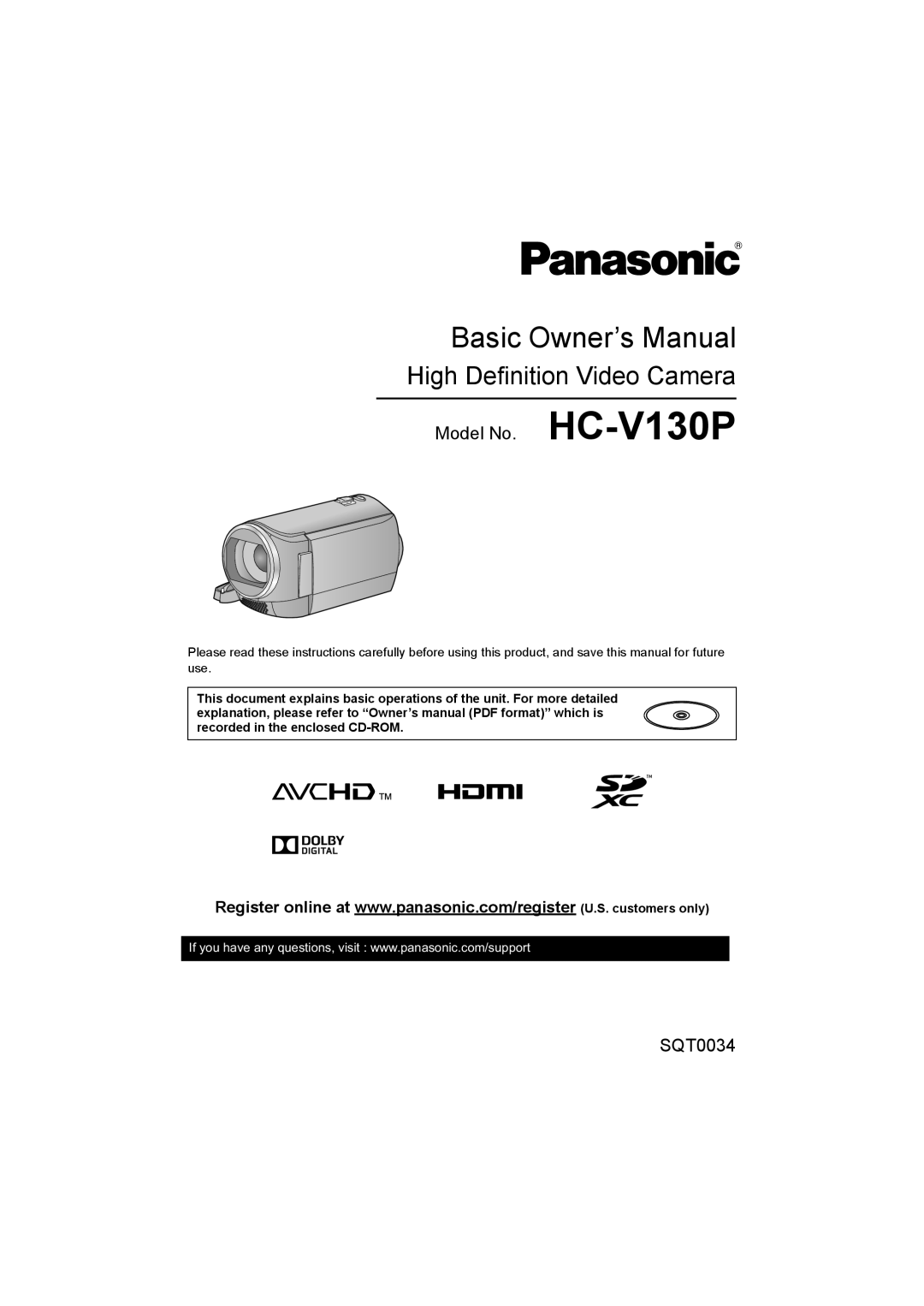 Panasonic HC-V130P owner manual High Definition Video Camera 