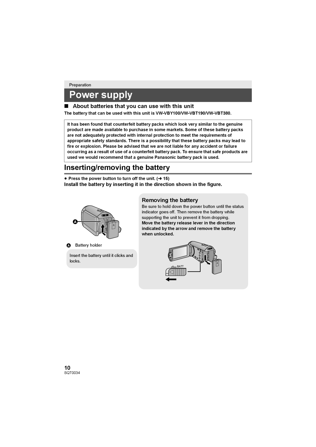 Panasonic HC-V130P Power supply, Inserting/removing the battery, About batteries that you can use with this unit 