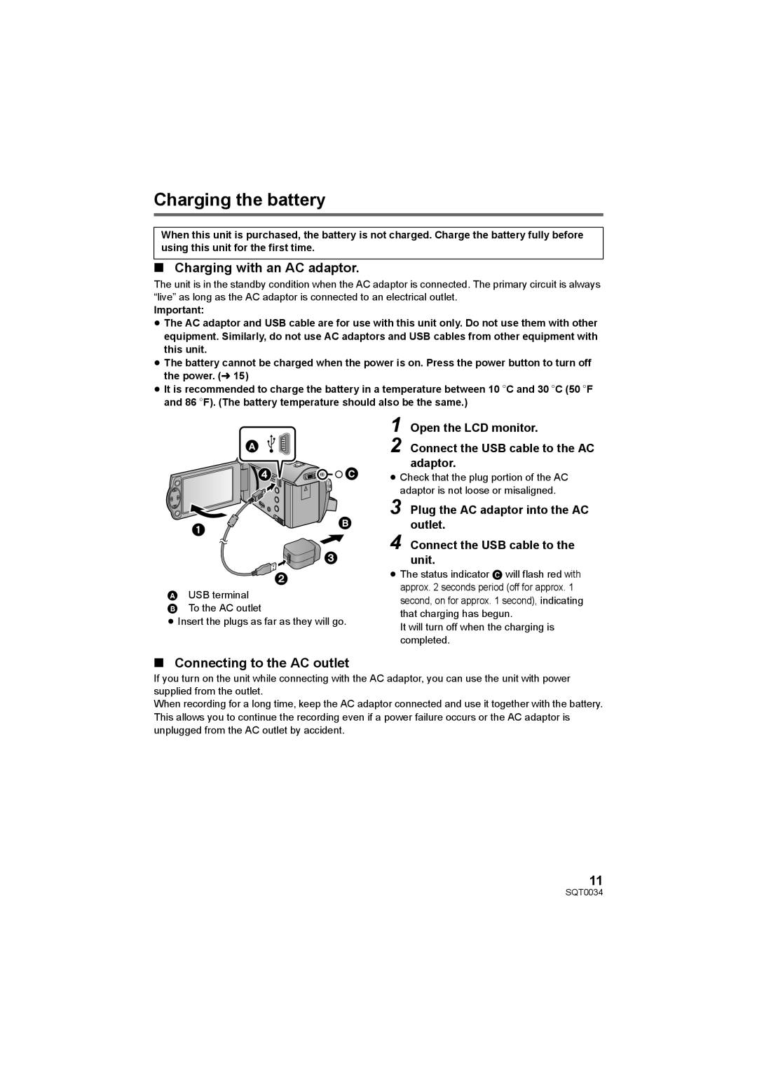 Panasonic HC-V130P owner manual Charging the battery, Charging with an AC adaptor, Connecting to the AC outlet 