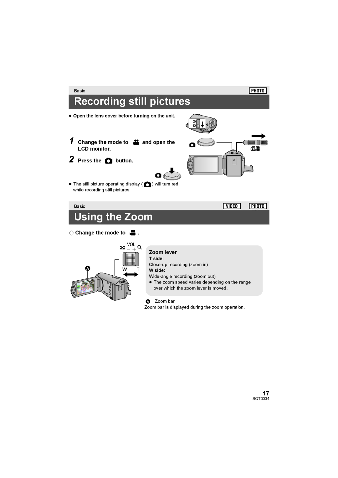 Panasonic HC-V130P owner manual Recording still pictures, Using the Zoom, ¬ Change the mode to, Zoom lever 