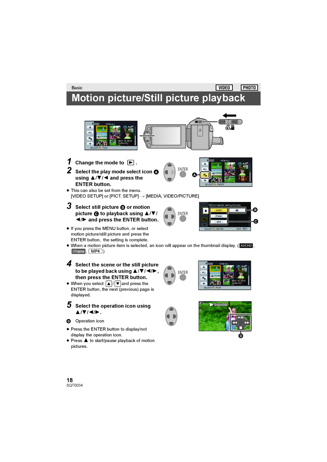 Panasonic HC-V130P owner manual Motion picture/Still picture playback, Select the operation icon using 