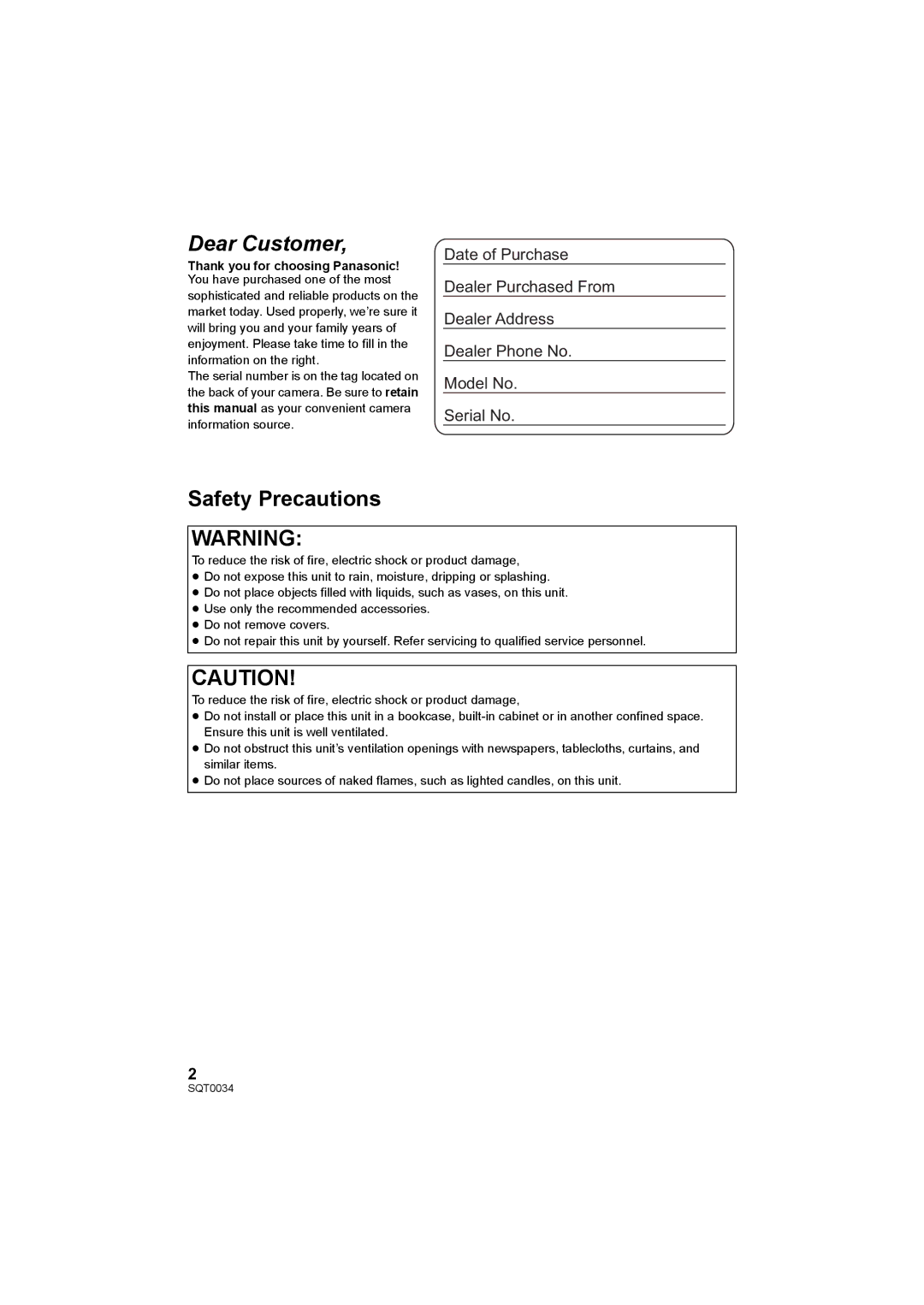 Panasonic HC-V130P owner manual Dear Customer, Safety Precautions 