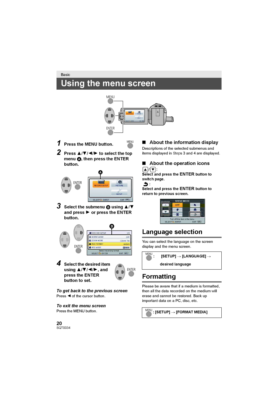 Panasonic HC-V130P owner manual Using the menu screen, Language selection, Formatting, About the information display 